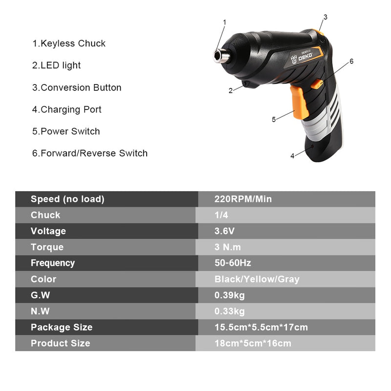 DEKO DKCS3.6O1 Cordless Electric Screwdriver Rechargeable Power battery Screwdriver Twistable Handle LED Torch Power Tool