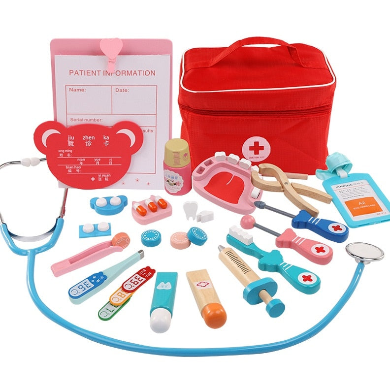 Doctor Toys for Children Set Kids Wooden Pretend Play Kit Games for Girls Boys Red Medical Dentist Medicine Box Cloth Bags