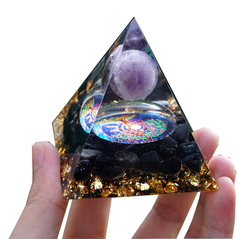 Pirámide de orgonita, esfera de Cristal de amatista de 60mm con piedra de Cristal Natural de obsidiana, multiplicador de Chakra Reiki curativo energético de orgonita
