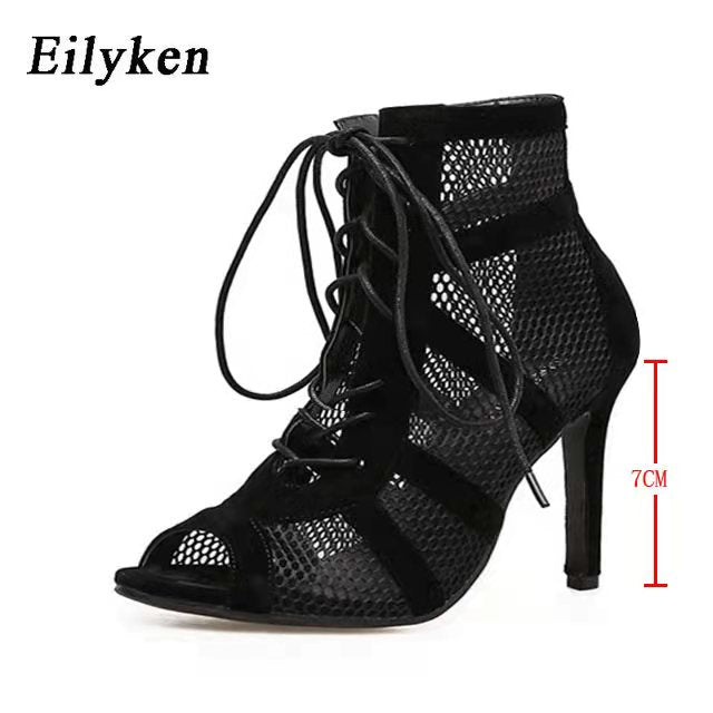 Eilyken 2023 Fashion Black Summer Sandals Lace Up Cross-tied Peep Toe High Heel Ankle Strap Net Surface Hollow Out Shoes