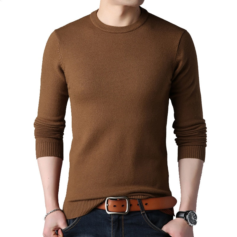 Marca BROWON, suéter de otoño para hombre, suéter ajustado de manga larga con cuello redondo para hombre, suéter blanco de negocios de Color sólido para hombre, M-4XL de gran tamaño