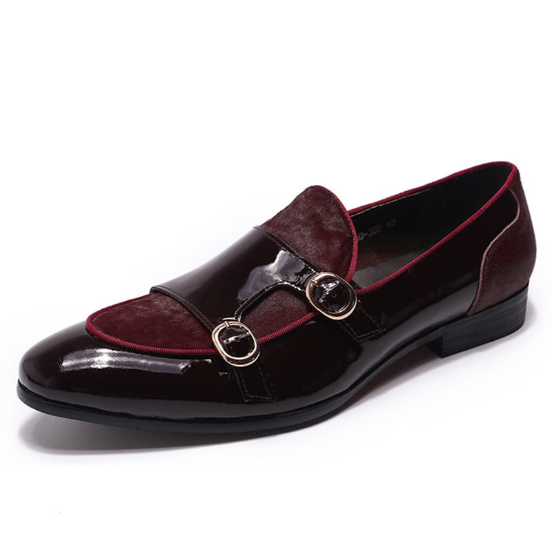 FELIX CHU Herren Hochzeit Loafer Herren Partykleid Schuhe Lackleder mit Pferdehaar Lässige Mönchsriemen Formelle Schuhe für Herren