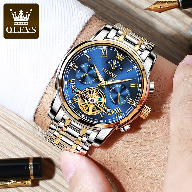 OLEVS Men Watch Automatic mechanical watch  Stianless Top Brand Dress Luxury moon phaseTourbillon Wristwatch Gifts for Male