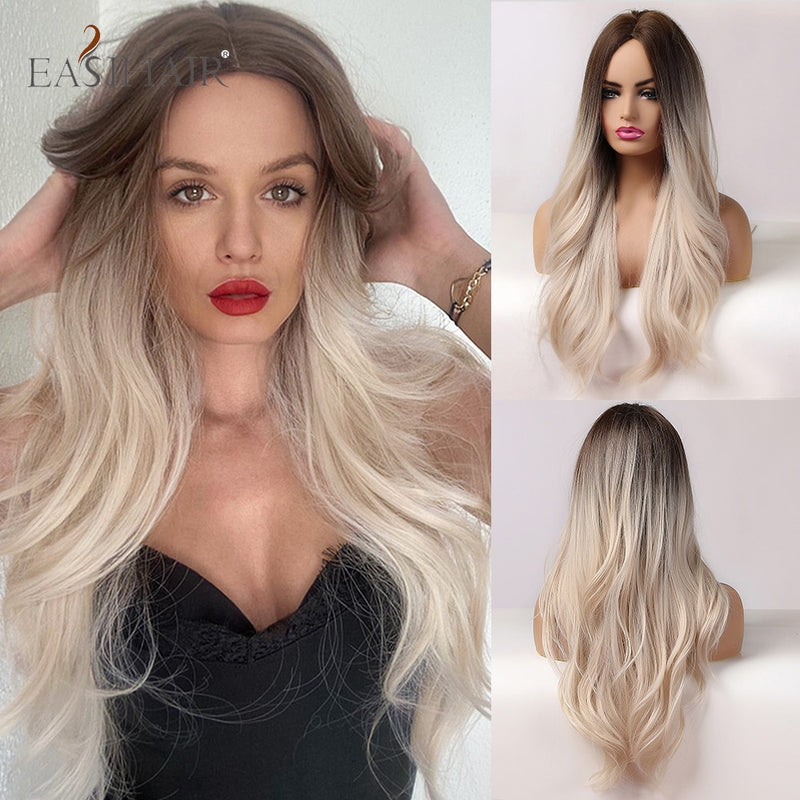 EASIHAIR Lange hellblonde Perücken im Ombré-Stil mit natürlichen Wellen, hitzebeständig, synthetische Perücken, Mittelteil, Cosplay-Perücken für Frauen