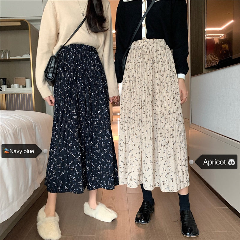 2023 Spring Vintage Floral Print Ruffle Pleated Long Skirts Women Korean Skirt Streetwear Drawstring Elastic Waist Midi Skirt