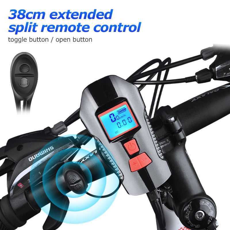 Waterproof Bicycle Light USB Charging Bike Front Light Flashlight Handlebar Cycling Head Light w/ Horn Speed Meter LCD Screen