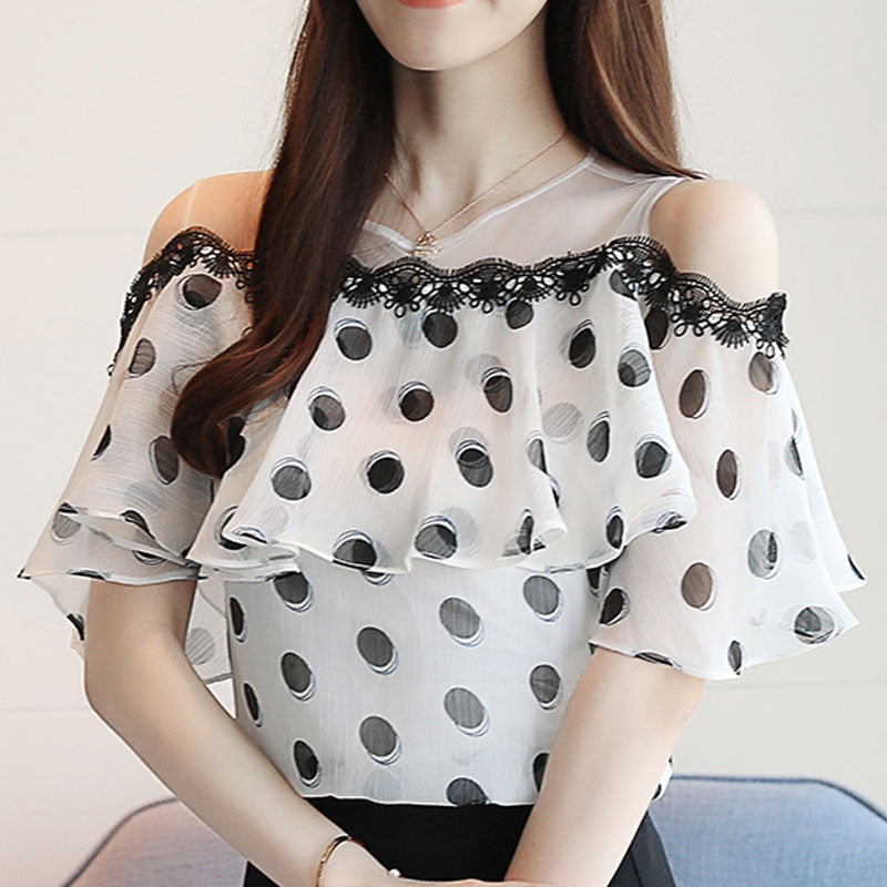 Fashion Women Tops and Blouses 2023 Short Sleeve Ladies Tops Polka Dot Chiffon White Blouse Shirt Blusas Feminine Blouses 0611