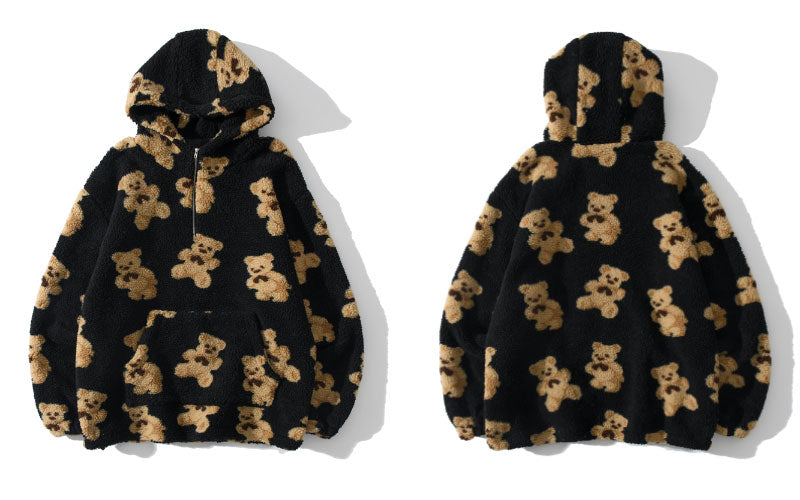 Fleece Fuzzy Kapuzen-Sweatshirt Streetwear Hip Hop Bear Print Halber Reißverschluss Flauschige Pullover Hoodies Harajuku Casual Hoodie Tops