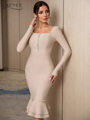 Adyce 2022 New Autumn Winter Women Apricot Bodycon Bandage Dress Sexy Mermaid Long Sleeve Lady Club Celebrity Runway Party Dress