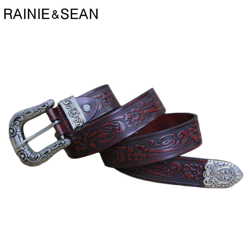 RAINIE SEAN Men's Waist Belt Jeans Genuine Leather Embossed Pin Belt Burgundy Vintage Male High Quality Real Cow Leather Belts