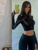 HEYounGIRL Patchwork Mesh Harajuku Sexy Crop Top Tshirt Ladies Punk Goth Long Sleeve T Shirt Women Fashion Basic Black Tee Shirt