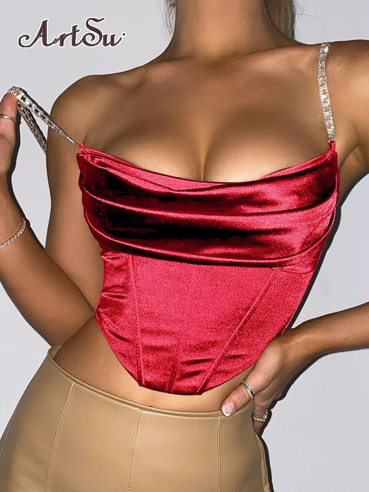Artsu Vintage Fashion Satin Diamond Straps Corset Top for Women Backless Camis Crop Tops Party Sleeveless Tops Draped