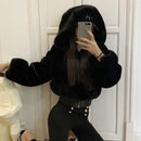 Otoño Invierno Faux Rabbit Fur Bomber Teddy Coat Cremallera Streetwear Cintura alta Furry Hooded Plush Jacket Cardigan Fleece Parkas