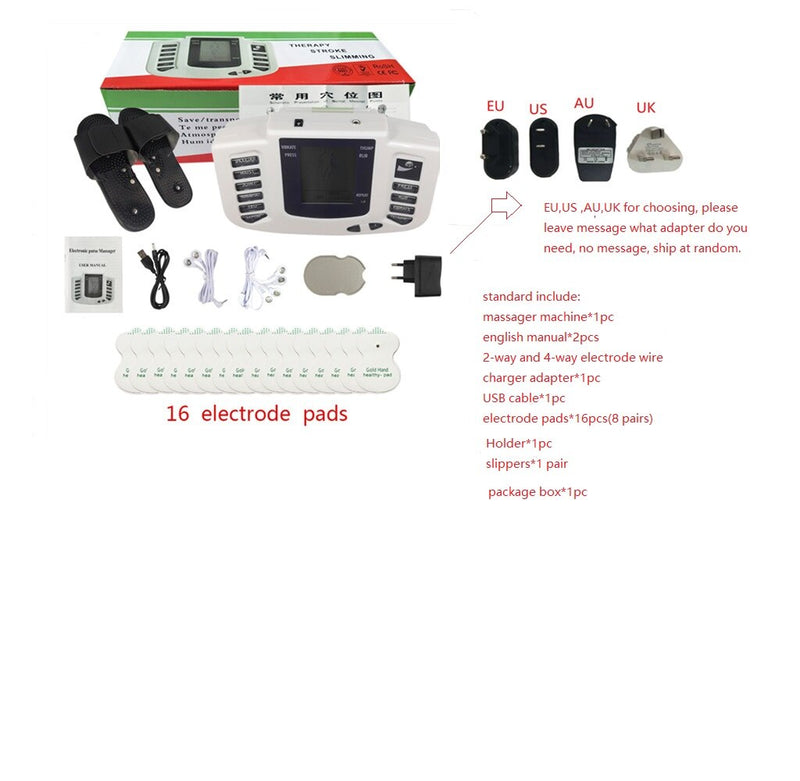 JR309A Elektrischer Stimulator Ganzkörper-Relax-Muskeltherapie-Massagegerät, Puls-Akupunktur mit Therapieschuh + 16 Pads + Stricken