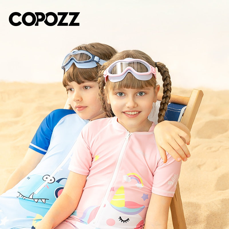 COPOZZ Kids Swim Goggles Anti Fog Waterproof Children Teenagers Big Frame Swimming Eyewear Boy Girl One-piece Swim Glasses