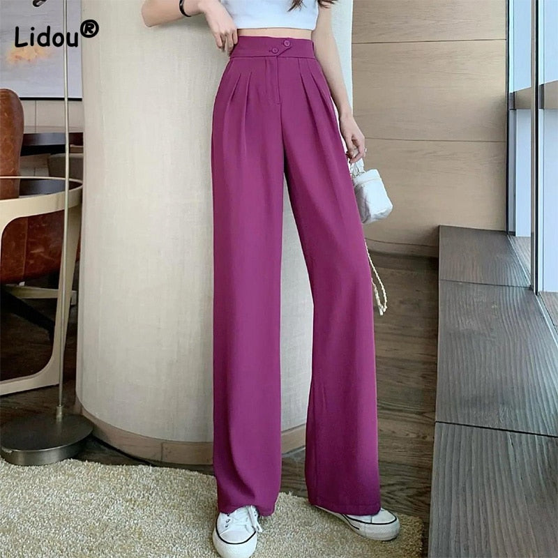 Fashion Summer Thin Solid Color Drape Mop Pants Femme All-match Patchwork Two Buttons Higt Waist Pleated Casual Loose Trousers