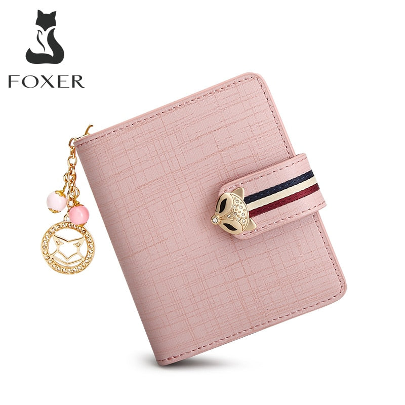 FOXER Card Holder Split Leather Women&#39;s Wallets Designer Coin Purse Girl&#39;s Zipper Wallet High Quality Short Wallet with Pendant