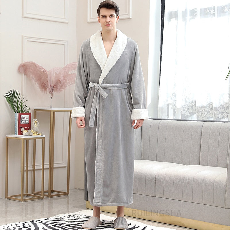 Albornoz de franela de talla grande para hombre y mujer, albornoz Extra largo con capucha cálido para amantes, albornoz tipo Kimono grueso, bata de baño para hombre, batas