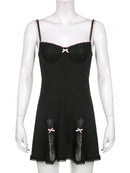 Darlingaga Y2K Retro Lace Patchwork Strap Bow Black Dress Mini Fashion Aesthetic Bow Club Party Sexy Dresses for Women Outfits