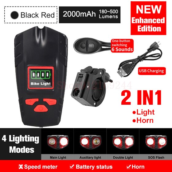 Bicycle Light USB Rechargeable Bike Odometer Front Light Flashlight with Computer LCD Speedometer Cycling Head Lantern Horn