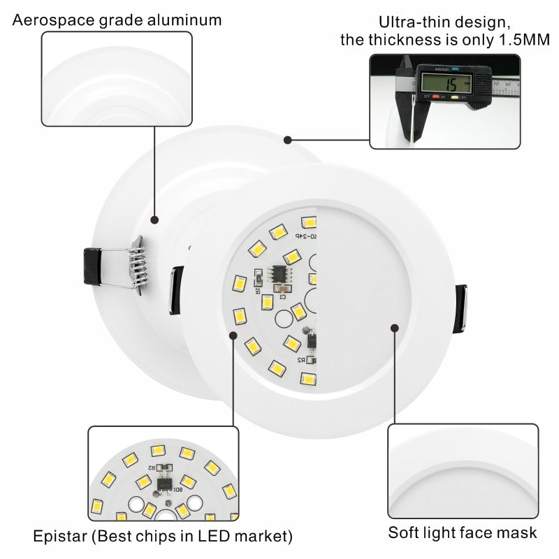 10 unids/lote de luz descendente Led de 3W, 5W, 7W, 9W, 12W, 15W, 220V, luz de techo empotrada, Panel Led redondo de 3/4/5 pulgadas, iluminación de foco descendente