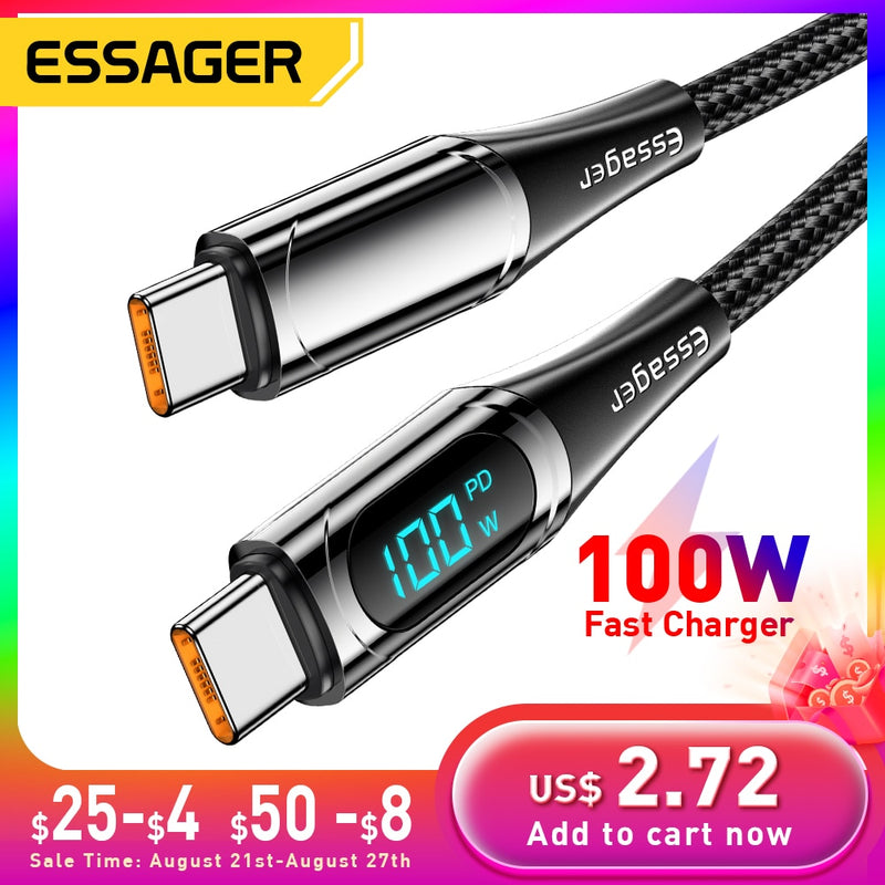 Essager USB Type C To USB C Cable 100W/5A PD Fast Charging Charger Wire Cord For Macbook Xiaomi Samsung Type-C USBC Cable  2M