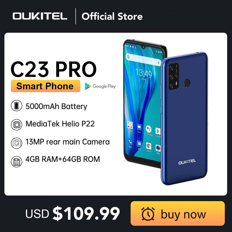 Oukitel C23 pro 4G LTE Smartphone 4GB+64GB 6,53"+HD 5000mAh MT6762V/WB Android 10.0 Handy 20:00/13:00 Kamera Handy