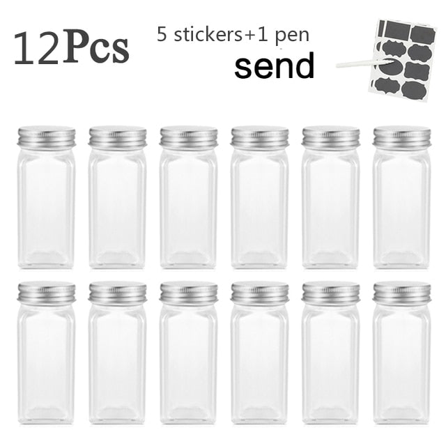 3-12PCS Set Seasoning Jar Square Glass Container Seasoning Bottle Kitchen Outdoor Camping Seasoning Container Glass Sealed Jar