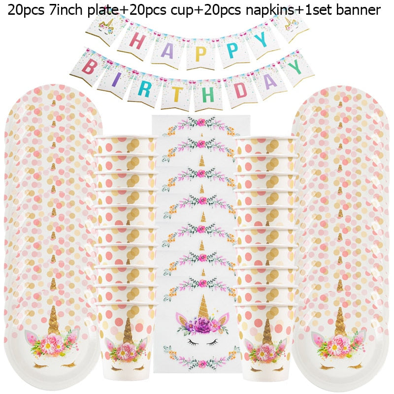 Unicorn Party Supplies Disposable Tableware Set Kids Birthday party Decoration Unicornio Decor Plates Cup Banner Baby Shower