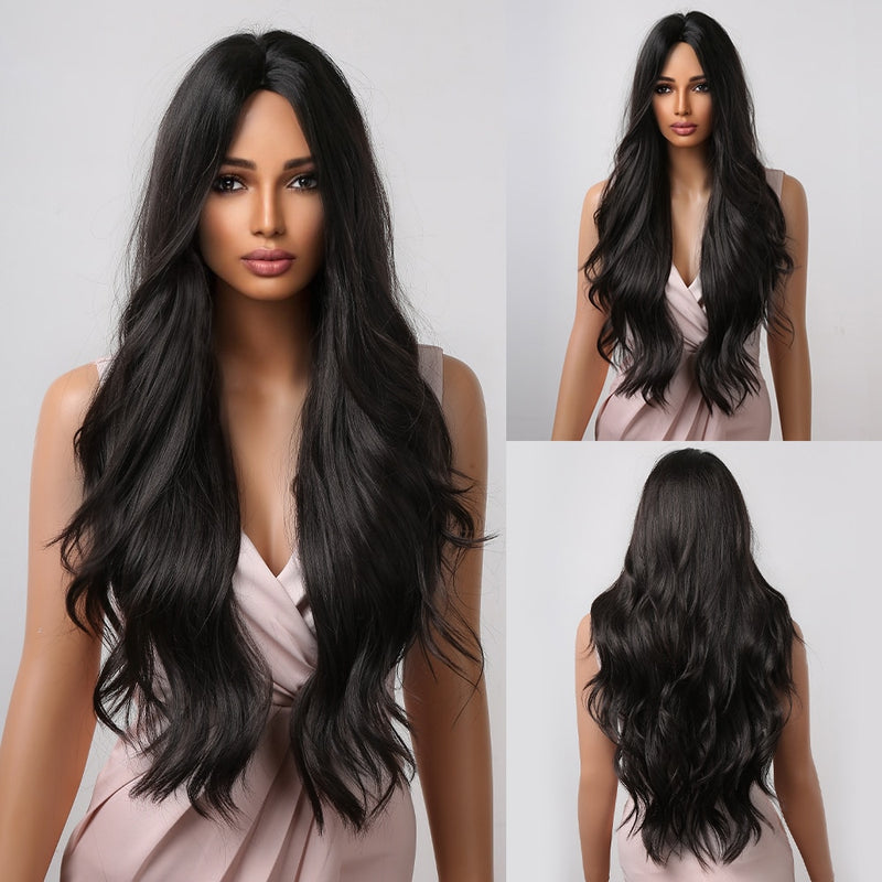 JONRENAU Long Natural Wave Middle Part Hair Gradient Dark Brown Synthetic Wigs  for Women Daily Cosplay Use Heat Resistant Wig