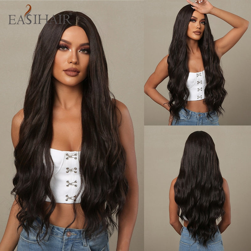 EASIHAIR largo ondulado marrón oscuro negro pelucas sintéticas parte media Natural pelucas de pelo para mujeres diario Cosplay fiesta resistente al calor