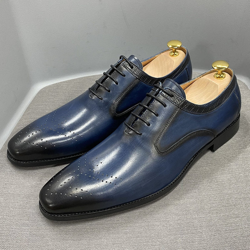 2022 nuevos zapatos de vestir de cuero genuino para hombre, zapatos Oxford formales hechos a mano para oficina, negocios, boda, azul, negro, con cordones de lujo