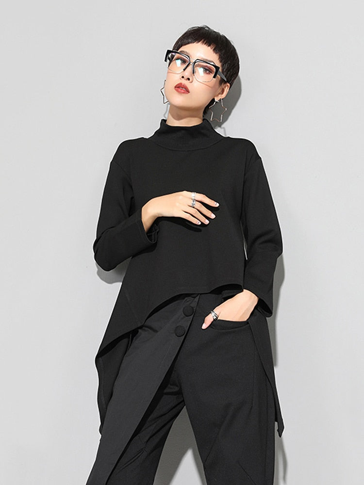 XITAO Vintage Black Turtle Neck T Shirt Women  Kawaii Casual Long Sleeve Irregular Tops Korean Clothes New ZLL1177