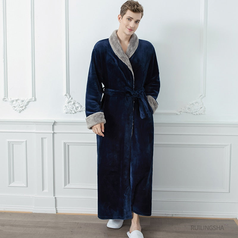 Men Long Thick Warm Flannel Bath Robe Plus Size Women Robes Coral Fleece Bathrobe for Winter Dressing Gown Male Kimono Sleepwear