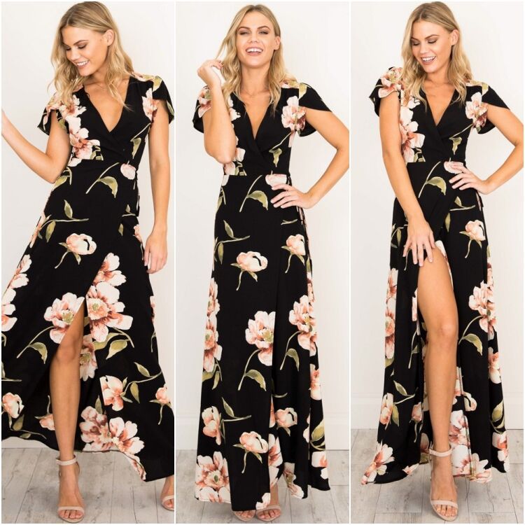 2022 Sommer Kurzarm Langes Kleid V-Ausschnitt Split Print Mode Retro Tiktok Sendung Rayon Robe für Frauen Party Hochzeit