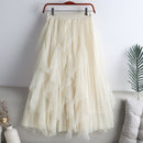 Qooth Women Beaded Petal Mid-length Ruffles Mesh Pleated Skirts Elegant High-waisted Fairy A-line Long Tulle Skirts QT1682