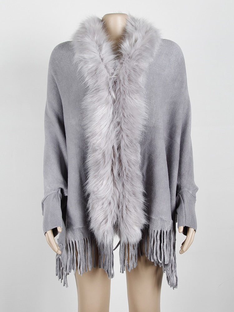 Fitshinling Fur Collar Winter Shawls And Wraps Bohemian Fringe Oversized Womens Winter Ponchos And Capes Batwing Sleeve Cardigan