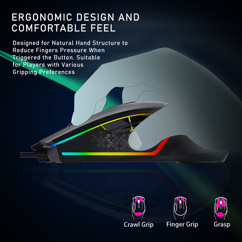 AULA F805 RGB Gaming-Maus 6400 DPI Kabelgebundene USB-Computermaus mit Hintergrundbeleuchtung 7 programmierbare Tasten Ergonomisch für Laptop-Desktop