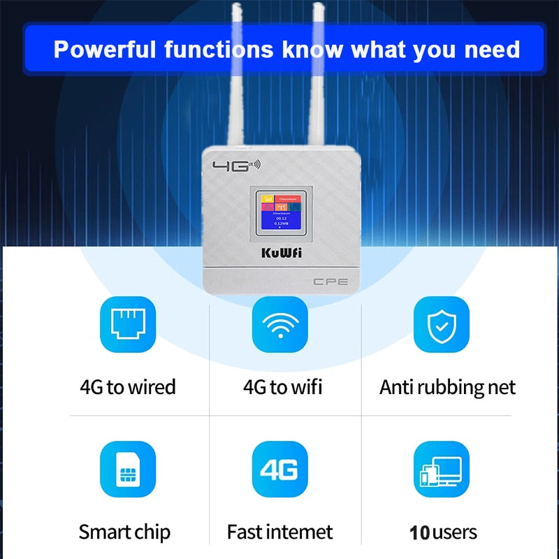 KuWfi 4G LTE CPE Wifi Router CAT4 150 Mbps Router inalámbrico desbloqueado 4G LTE SIM Wifi Router con antena externa WAN/LAN RJ45