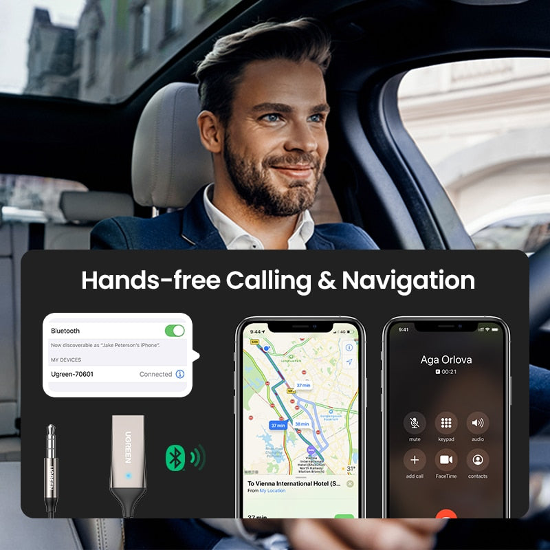 UGREEN Bluetooth Receiver 5.0 Adapter Hands-Free Car Kits AUX Audio 3.5mm Jack Music Wireless Receiver for Car BT Transmitter