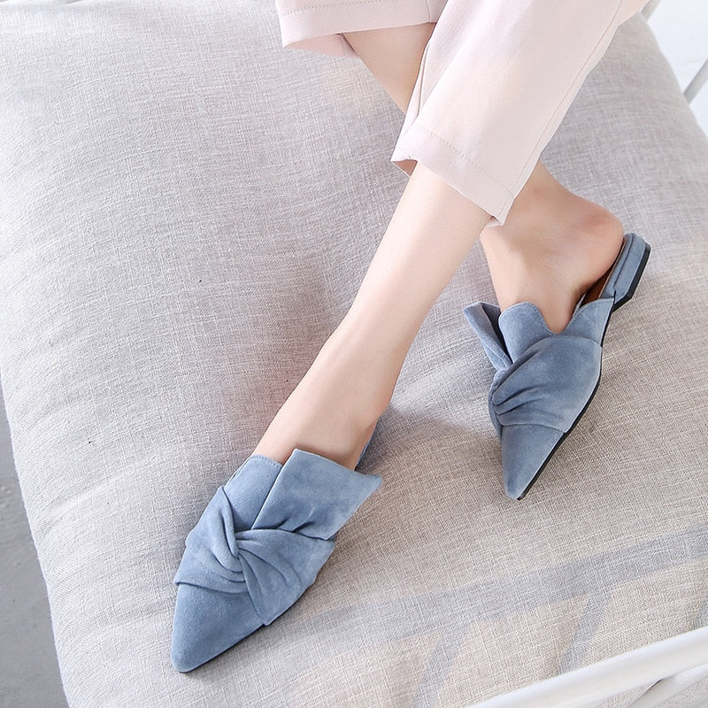 Elegant Ladies Mules Summer Women Slippers Flock Bow-knot Flats Fashion Pointed Toe Ladies Office Shoes Slides Woman Slipper