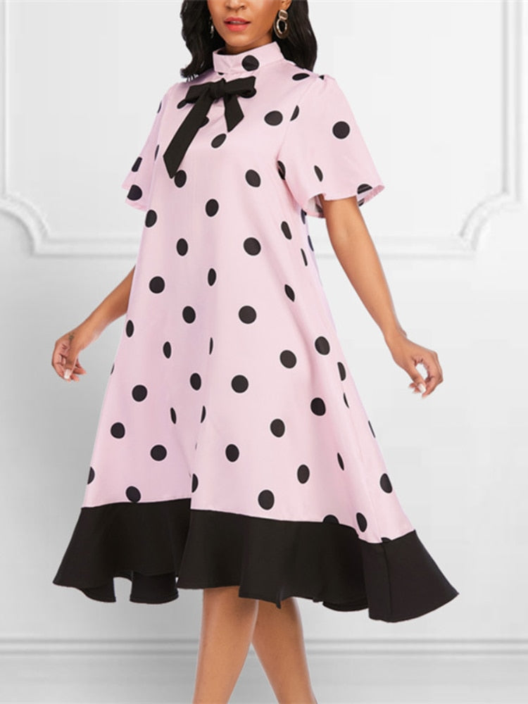 Women Pink Dress Polka Dot with Bowtie Lovely Loose Princess Party Ruffles Patchwork Short Sleeve African Female Cute Vestidos