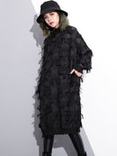 [EAM] 2022 New Spring Autumn Stand Collar Long Sleeve Perspective Black Loose Tassels Big Size Dress Women Fashion Tide JI780