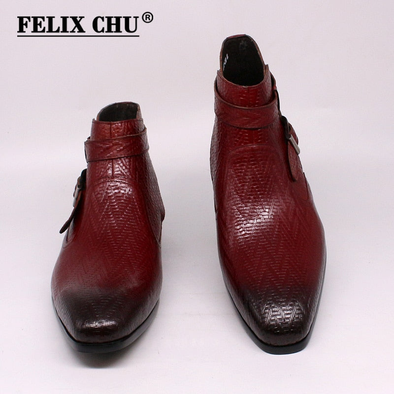 Handmade Men Ankle Boots Felix Chu Genuine Leather Mens Motorcycle Boots Black Red Buckle Strap High Top Dress Shoes for Men