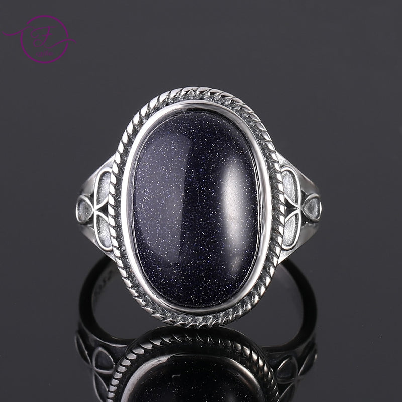 Vintage Ring Natural Blue Sandstone Rings for Women&