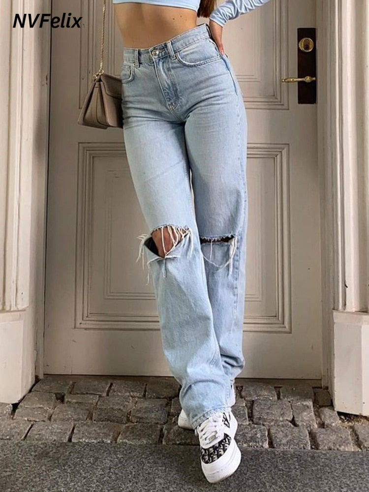 Damen Loose Fit Jeans 2022 Zerrissenes weites Bein für Damen Hohe Taille Blaue Waschung Lässige Baumwoll-Denim-Hose Sommer Baggy Jean Pants