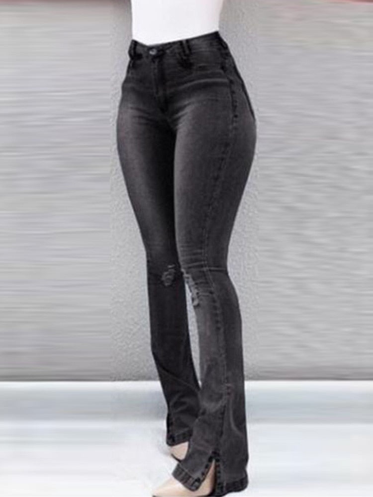 Zerrissene Bell-Bottom-Jeans mit hoher Taille, Damentaschen, Design, lässige Denim-Hosen