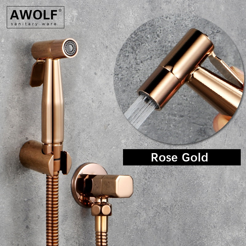 Awolf, cabezal de ducha higiénico de oro rosa, juego de rociador de bidé de mano para inodoro, válvula de latón Shattaf de acero inoxidable, ducha Anal AP2102