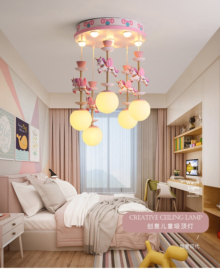 SANDYHA Nordic Simple Chandelier Boys Girls Bedroom Dreamlike Unicorn Hanging Lamp Creative LED Children&