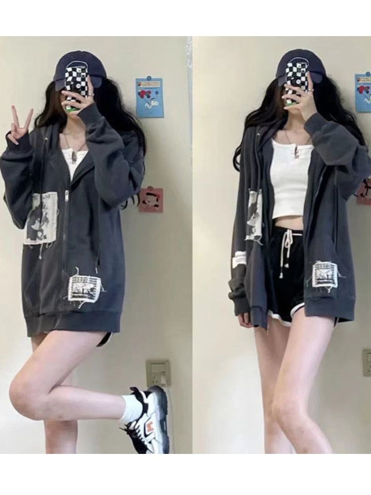 HOUZHOU Grunge Gothic Oversized Gray Women Hoodie E Girl Patchwork Black Sweatshirts 90s Vintage Style  Autumn Zip-up Crop Tops